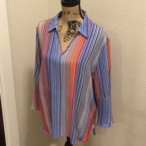 Striped Print 3/4 Bell Sleeve Blouse with Collar